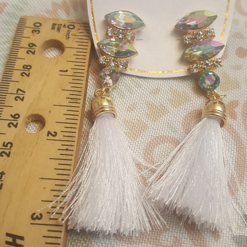 Unicorn Rhinestone White Tassel Earrings